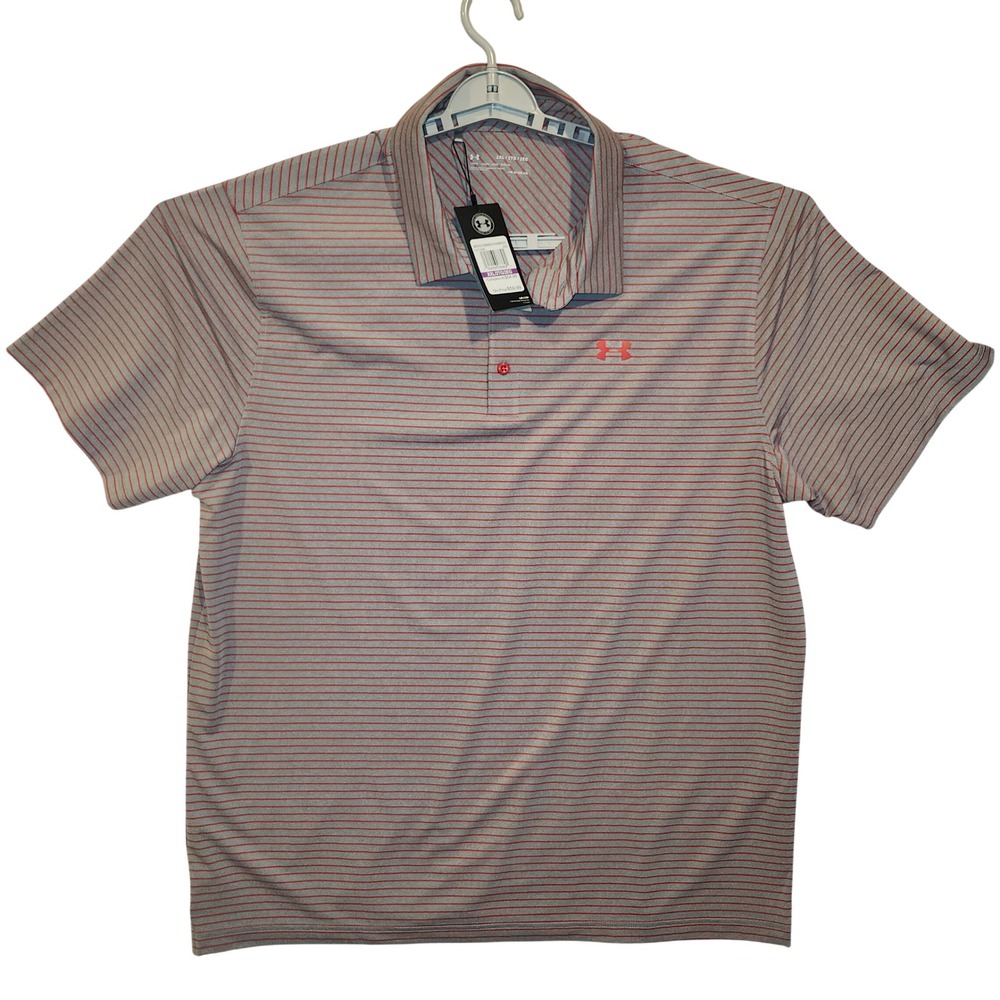 Under Armour Mens HeatGear Striped Polo Shirt Grey Red Loose Fit 1311008 XXL NWT